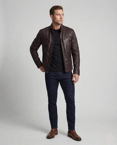Herren Nappaleder Motorradjacke mit Stehkragen