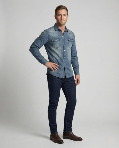 Herren Slim Denim Hemd mit Druckknopfleiste