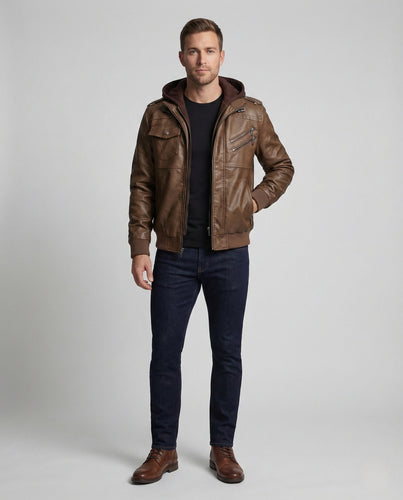 Herren Vintage Lederblouson mit Kapuze