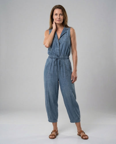 Damen ärmelloser Denim Jumpsuit mit Hemdkragen & Kordelbund Wide Leg