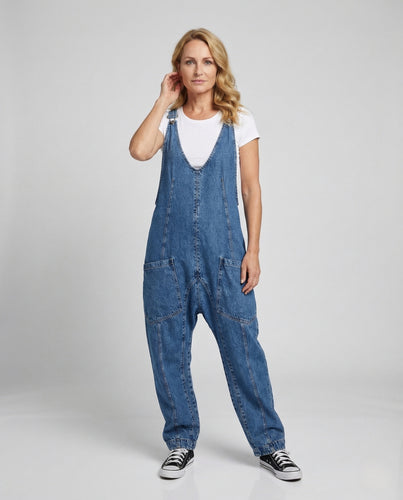 Damen Worker Overall aus Baumwollcanvas mit V-Ausschnitt & Taschen