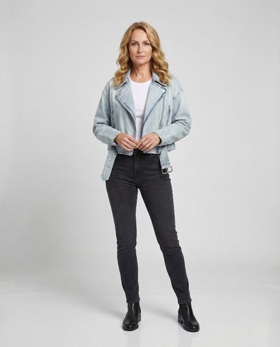Damen Cropped Jeans Bikerjacke mit Gürtel & Reißverschluss