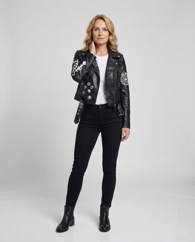 Damen Punk Bikerjacke aus Kunstleder mit Nieten