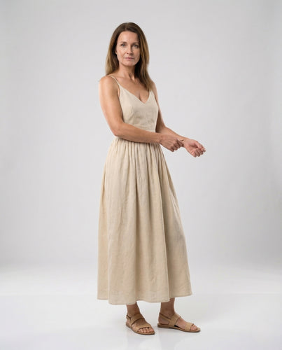 Damen Leinen Midikleid mit Spaghettiträgern & Taschen