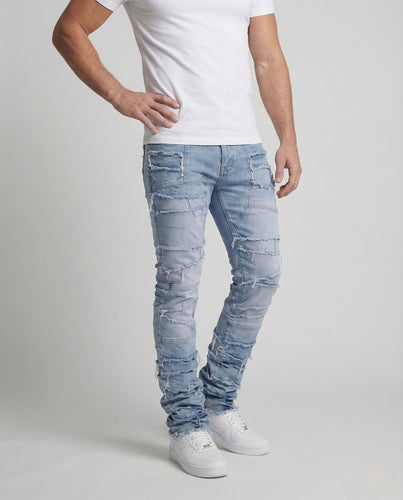 Herren Patchwork Jeans mit Fransen und schmal zulaufendem Bein