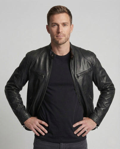 Herren Biker Lederjacke mit Stehkragen und Reißverschlusstaschen