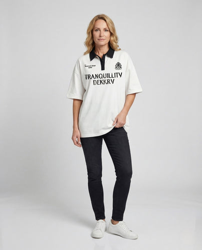 Unisex Poloshirt weit mit Kontrastkragen und Rückendruck