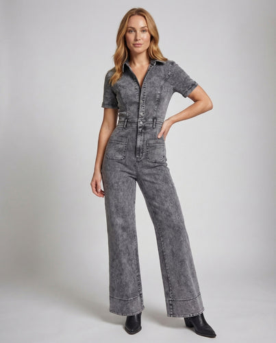 Damen Kurzarm Jeans Overall Tailliert mit Ausgestelltem Bein