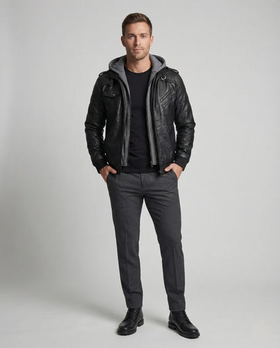 Herren Kunstlederjacke mit Kapuze und Reißverschlusstaschen