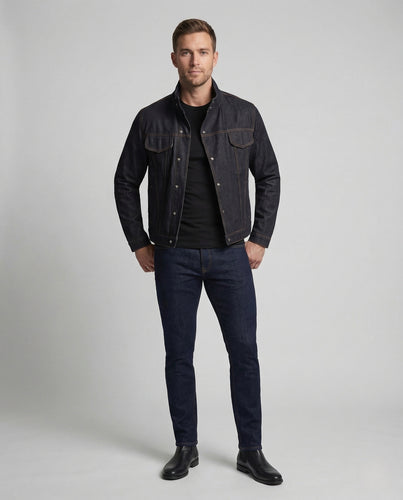 Herren Denimjacke Boxy Fit mit Stehkragen und Druckknöpfen
