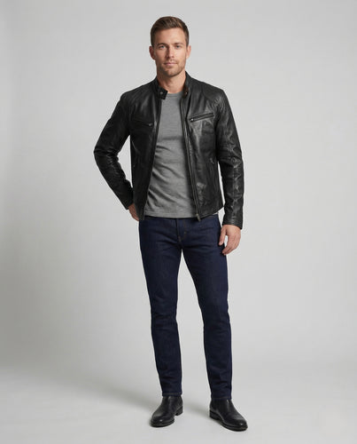 Herren Lederjacke Biker Stil mit Stehkragen und Reißverschlusstaschen