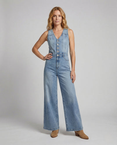 Damen Weites Denim Overall mit V Ausschnitt