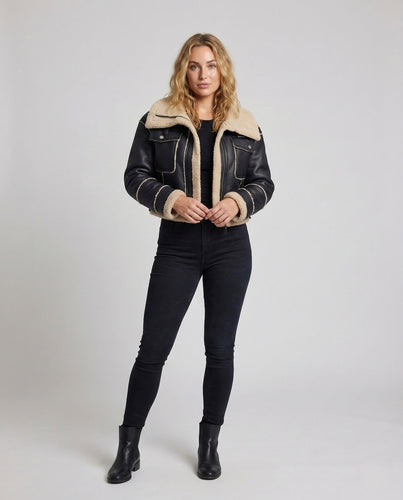 Damen Teddy Bomberjacke Kurz Lammfelloptik Kordelzug