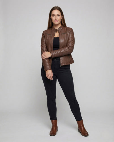 Damen Kunstleder Bikerjacke Tailliert Steppärmel Stehkragen