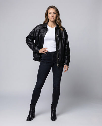 Damen Kunstlederjacke Weit Reißverschluss Elastischer Bund