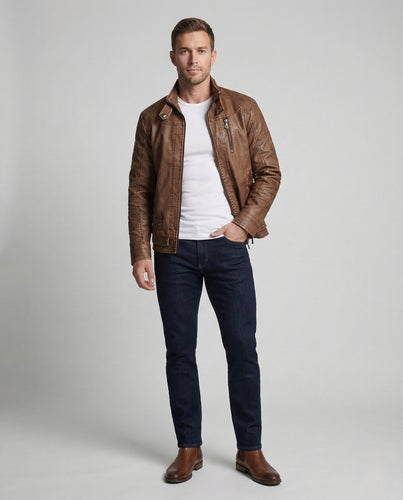 Herren Bikerjacke Kunstleder Stehkragen Reißverschluss