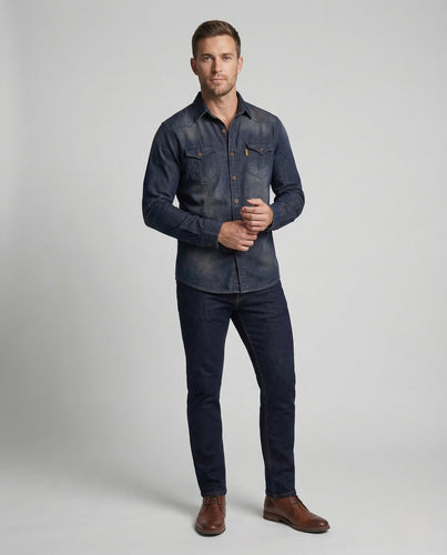 Herren Denimhemd Slim Fit Brusttaschen Kentkragen