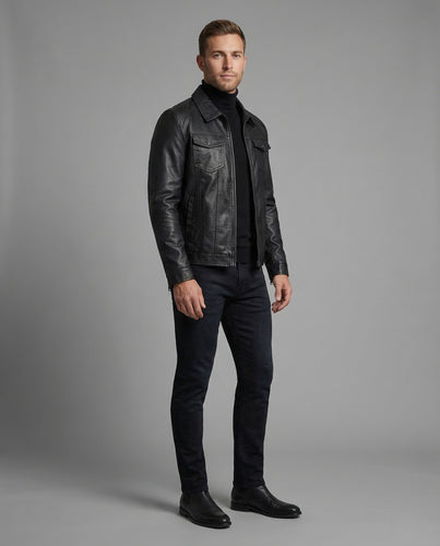 Herren Lederoptik Blouson Hemdkragen Brustklappen