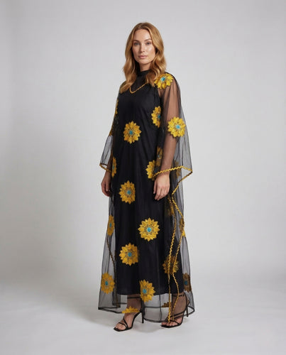 Damen Abendkleid Bodenlang Tüllcape Stickerei