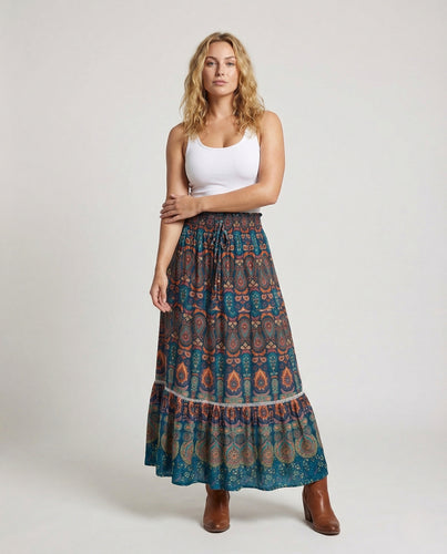 Damen Maxirock Stufenvolant Elastischer Bund