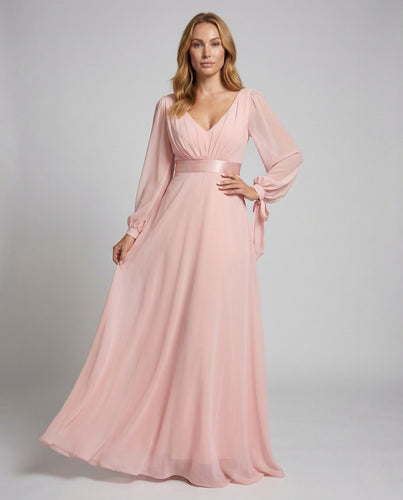 Damen Chiffon Maxikleid V Ausschnitt Ballonärmel