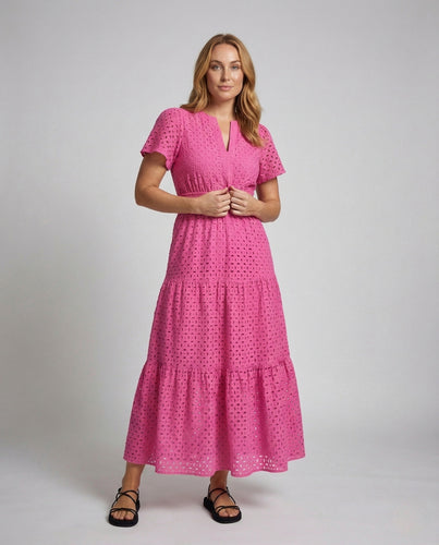 Damen Maxikleid Lochstickerei Kurzarm Stufenrock