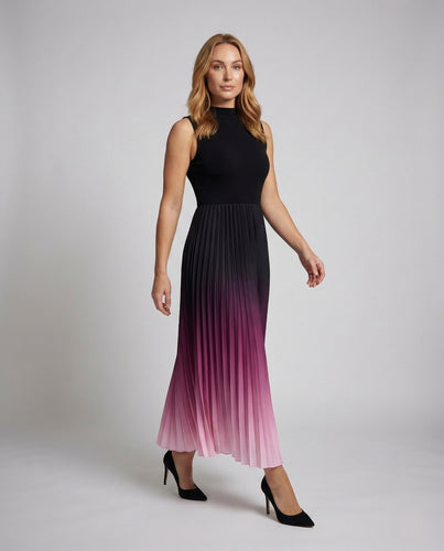 Damen Plissee Maxikleid Ärmellos Stehkragen