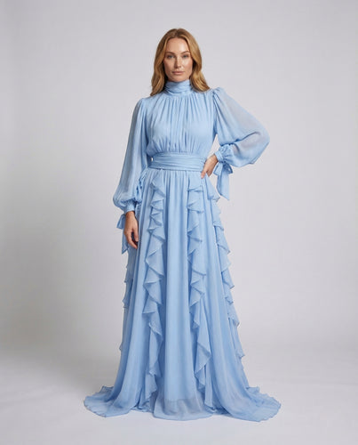 Damen Abendkleid Stehkragen Puffärmel Gürtel
