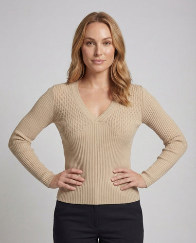 Damen Feinstrickpullover V Ausschnitt Rippstruktur