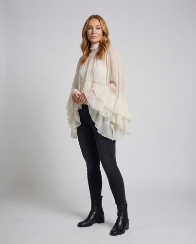 Damen Chiffonbluse Volants Stehkragen