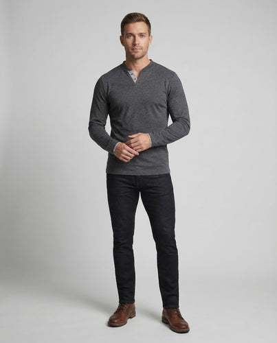 Herren Langarmshirt V Ausschnitt Knopfleiste