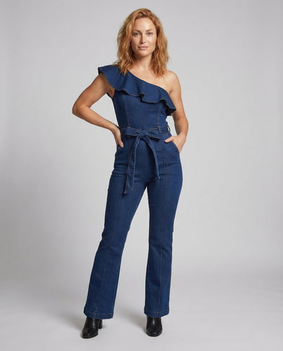 Damen Jeans Jumpsuit Rüschen Ausschnitt Schlag