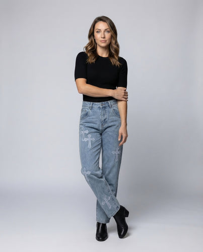 Damen Jeans Vintage Applikation High Waist