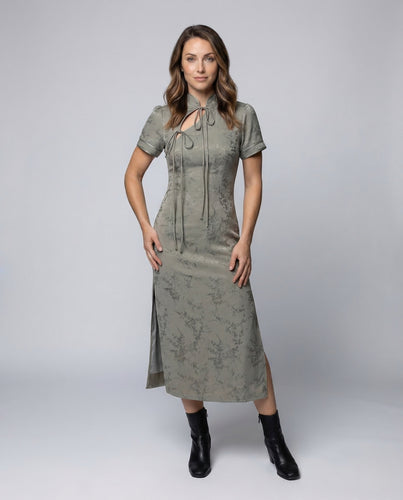 Damen Maxikleid Mandarin Kragen Seitenschlitz