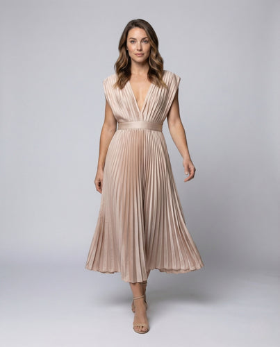 Damen Midikleid Plissee V Ausschnitt