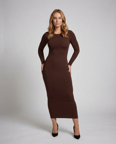 Damen Midikleid Figurbetont U Rücken Langarm