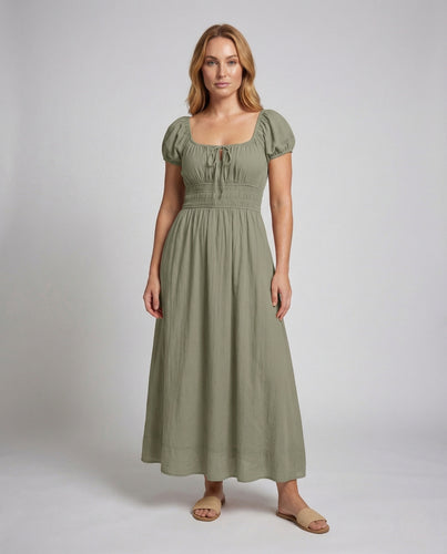 Damen Maxikleid Smock Puffärmel