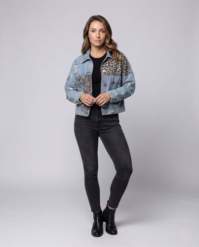 Damen Jeansjacke Oversize Patches Used