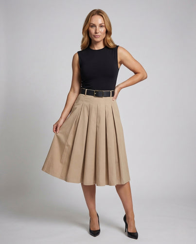Damen Midikleid Faltenrock Taillengürtel