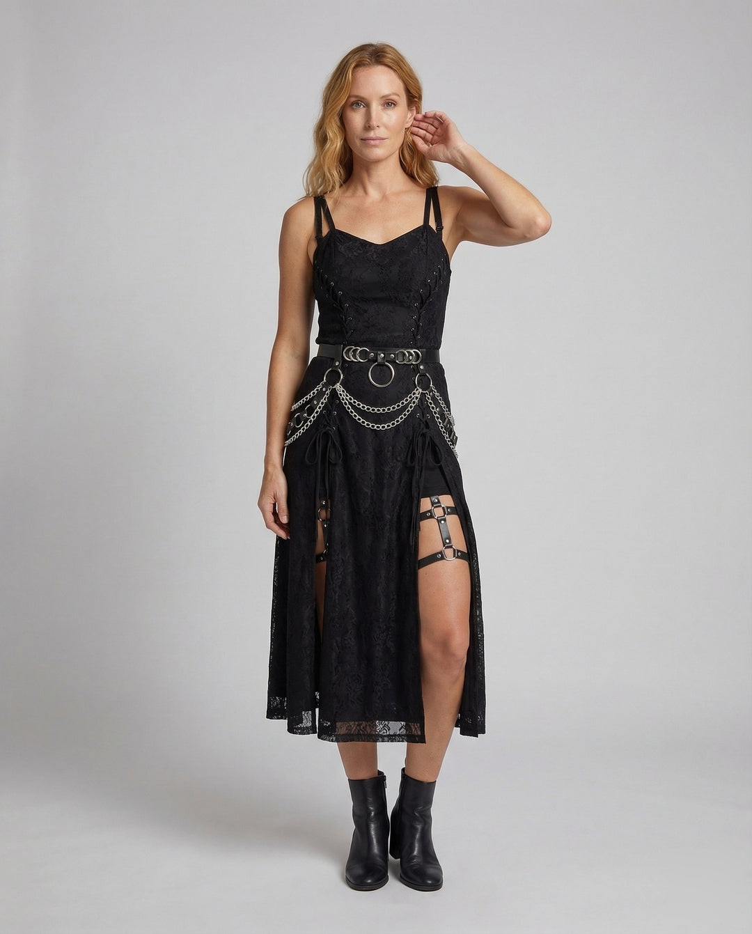 Damen Gothic Minikleid Spitze O Ring