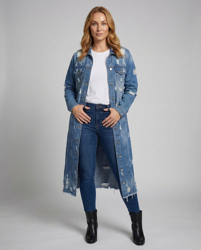 Damen Jeansmantel Lang Fransen