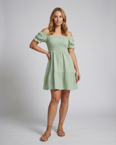 Damen Carmen Tunika Kleid Puffärmel Stufenrock
