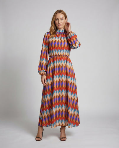 Damen Maxikleid Stehkragen Ballonärmel Gürtel
