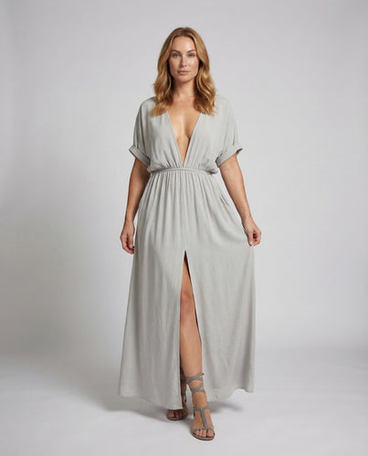 Damen Maxikleid V Ausschnitt Schlitz Elastikbund