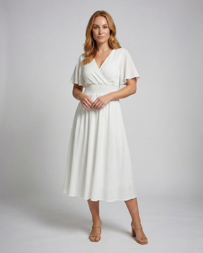 Damen Maxikleid Wickeloptik Smokbund Flügelärmel