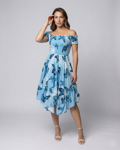 Damen Midikleid Schmetterlingsprint Volantrock