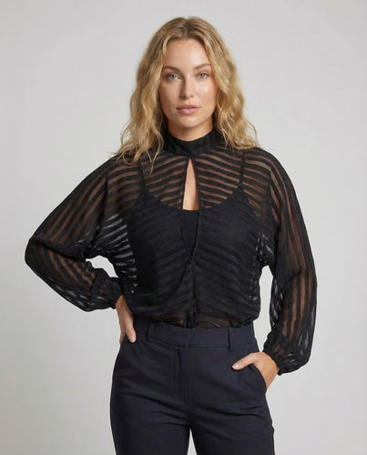 Damen Chiffonbluse Transparent Stehkragen Ballonärmel