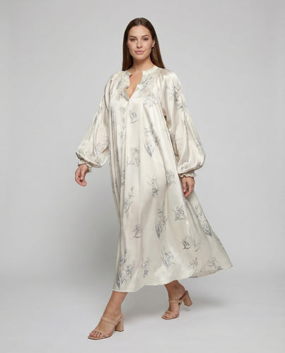 Damen Satin Maxikleid Ballonärmel Blumen