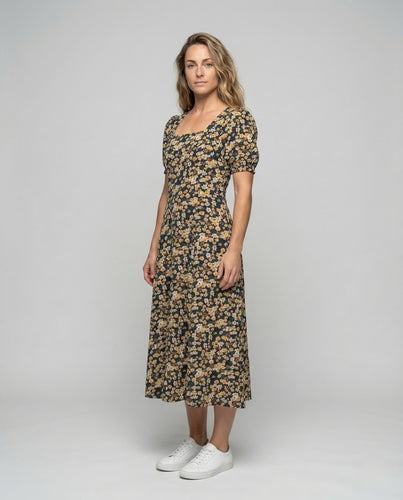 Damen Midikleid Blumen Puffärmel