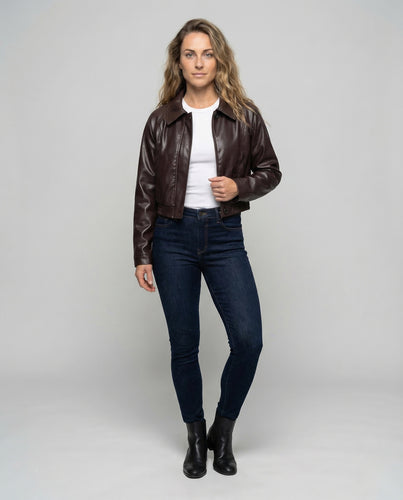 Damen Lederoptik Jacke Kurz Revers